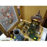 A brass inkwell, a Gothic mantel clock, a Rolls Royce glass paperweight ETC Condition Report: please