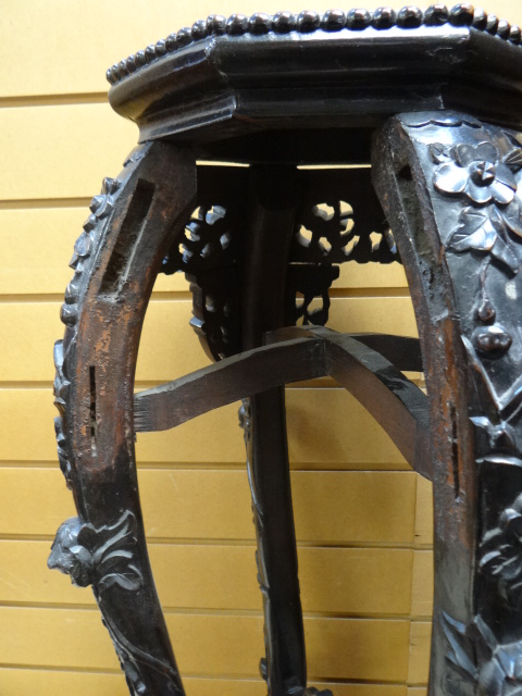 An ebonized & naturalistically carved Oriental planter stand with marble insert top, 76cms high. - Image 7 of 7