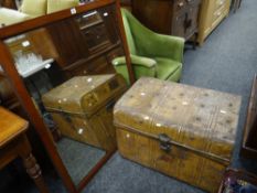 A good mahogany framed mirror & a tin trunk Condition Report: please request via email. Condition