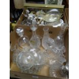 A box of glass decanters & a box of mixed pottery, EPNS, prints ETC Condition Report: please request