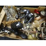 A box of mixed items including part condiment set & novelty wooden figures, flatware ETC Condition
