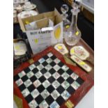 A parcel of mixed items including two glass decanters, Oriental chess set, dressing table set ETC