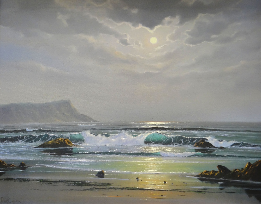 PETER COSLETT oil on canvas - tranquil seashore scene with hazy sun and headland beyond, signed,