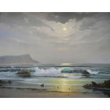 PETER COSLETT oil on canvas - tranquil seashore scene with hazy sun and headland beyond, signed,