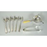 GROUP OF BRITISH SILVER FLATWARE to include tea strainer, sugar nips and set of five teaspoons.