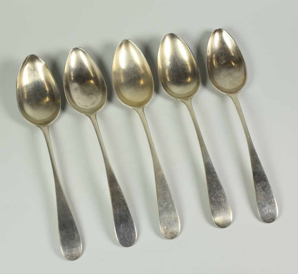 SET OF FOUR SILVER SPOONS, of simple form, Edinburgh 1799 makers mark R G, together with another