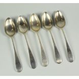 SET OF FOUR SILVER SPOONS, of simple form, Edinburgh 1799 makers mark R G, together with another