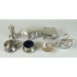 GROUP OF SILVER ITEMS TO INCLUDE silver (925) and glass swan, two dressing table boxes, matching