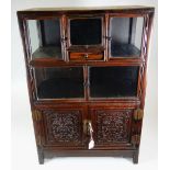 CHINESE CARVED HARDWOOD TABLE TOP DISPLAY CABINET having configuration of five glazed doors