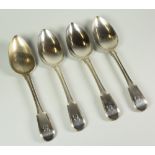 SET OF FOUR GEORGE III SILVER FIDDLE & THREAD PATTERN SERVING SPOONS, with engraved initial.