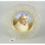 A DERBY PORCELAIN CABINET PLATE PAINTED WITH A SINGLE POMERANIAN DOG BY JAMES ROUSE SNR the border