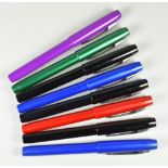 SEVEN MODERN PARKER REFLEX FOUNTAIN PENS all with steel nibs, one purple, one green, two blue, three
