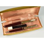 VINTAGE CORDOVAN BROWN PARKER 51 FOUNTAIN PEN & PENCIL SET with rolled gold caps, gold plated trim &