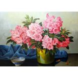 JOANNES B N VAN GENT oil on canvas - still-life with pink flowers on a table and Chinese bowl,