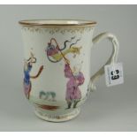 CHINESE EXPORT PORCELAIN FAMILLE ROSE BELL SHAPED TANKARD with loop handle depicting figures &