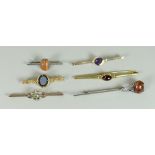 GROUP OF SIX ASSORTED LADIES BAR BROOCHES to include silver & gold, set with opal, seed pearls,