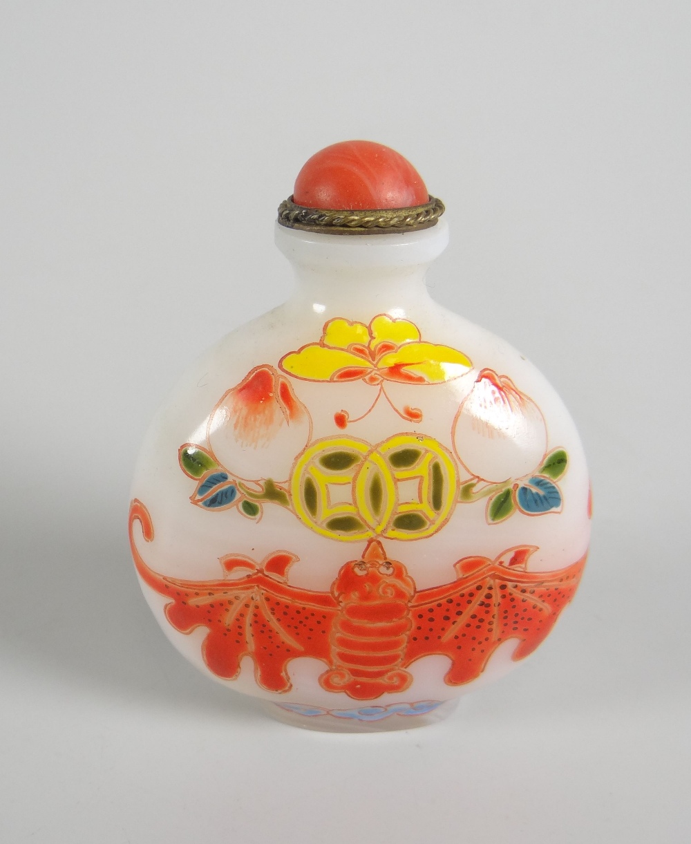 FIVE ORIENTAL SCENT BOTTLES to include three porcelain decorated with animals, horses, cockerels etc - Image 2 of 13