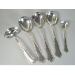GROUP OF NORWEGIAN SILVER FLATWARE to include three serving spoons, a ladle and a small spoon of