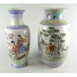 TWO SIMILAR CHINESE REPUBLIC PORCELAIN VASES depicting figures in a landscape & horses in a