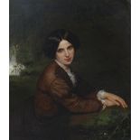 NINETEENTH CENTURY ENGLISH SCHOOL oil on canvas - half-portrait of a lady with hair up, seated in
