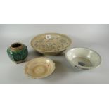 FOUR PIECES OF CHINESE PROVINCIAL-TYPE ITEMS to include blue & white decorated foliate bowl,