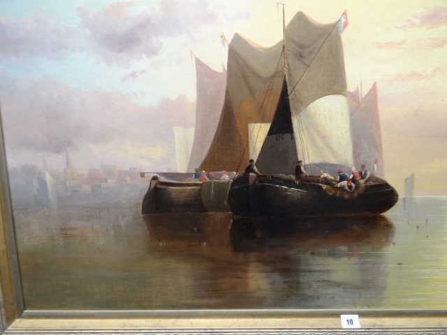 NINETEENTH CENTURY DUTCH SCHOOL oil on canvas - figures on sail-boats at sunset with distant - Image 5 of 6