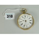 18CT YELLOW GOLD GENTS POCKET WATCH, having enamel face with Roman numeral chapter ring and 18ct