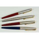 THREE VINTAGE PARKER 45 CLASSIC FOUNTAIN PENS two red, one blue, each with brushed stainless steel