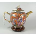 CHINESE PORCELAIN MANDARIN TEAPOT & COVER depicting figures & pagodas with alternating bird