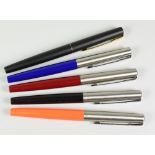 FIVE MODERN PARKER 15 FOUNTAIN PENS one each of blue, black, red & neon orange, all with stainless