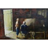 TWENTIETH CENTURY RUSSIAN SCHOOL oil on canvas - stable with two figures and a cow, signed and dated