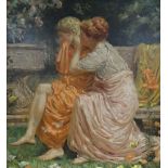 NINETEENTH CENTURY ENGLISH SCHOOL oil on canvas - two Classical style robed figures in a garden,