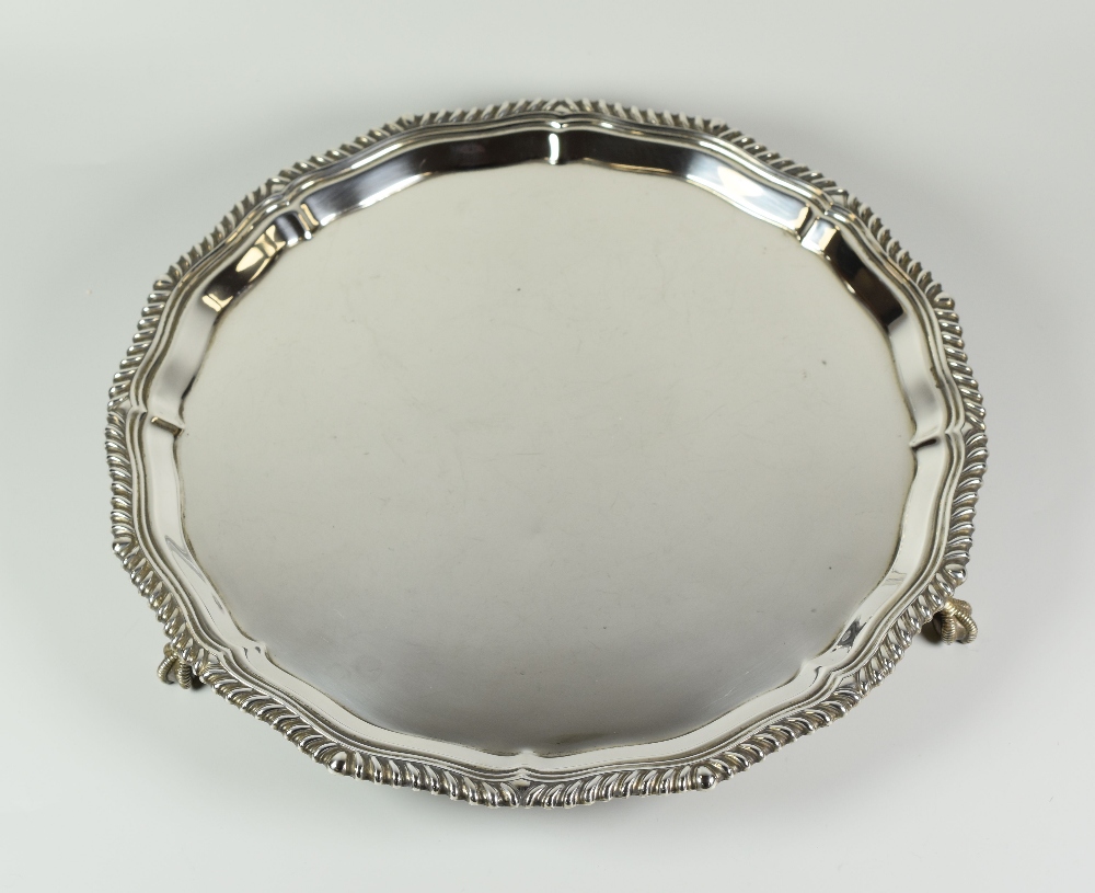 GEORGE V SILVER SALVER, having pie crust edge raised on three ball and claw feet. Sheffield 1919, - Image 2 of 2