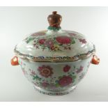 CHINESE EXPORT PORCELAIN FAMILLE ROSE TUREEN & COVER with animal handles, overall decorated with