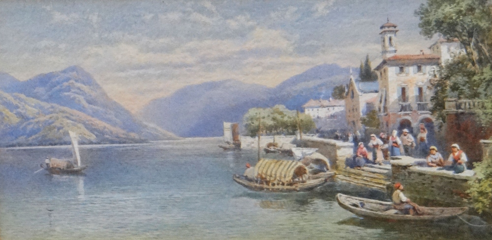 CHARLES ROWBOTHAM watercolour - Italian lake with villas, gondolas and figures, signed, 12.5 x