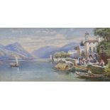CHARLES ROWBOTHAM watercolour - Italian lake with villas, gondolas and figures, signed, 12.5 x