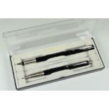 MODERN BLACK PARKER VECTOR FOUNTAIN PEN & PENCIL SET steel nib to pen and both with chrome trim,