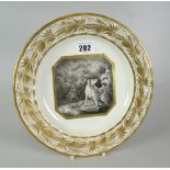 A DERBY PORCELAIN PLATE WITH SEPIA PANEL BY JOHN BREWER featuring a single dog within woodland in