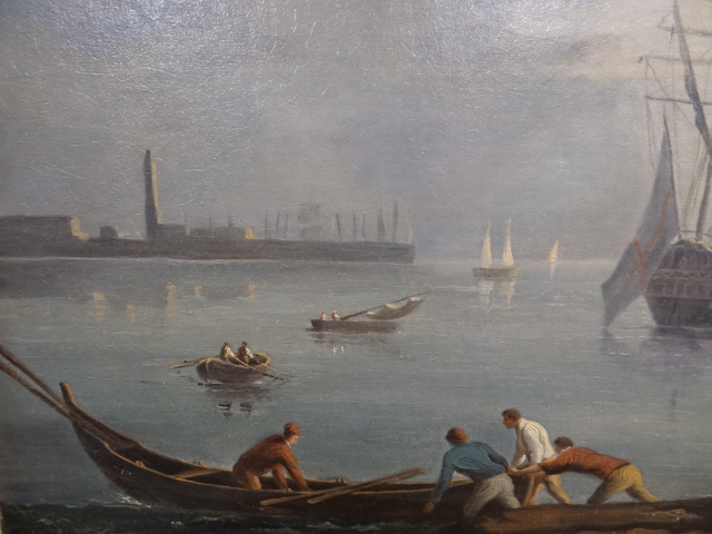 MARITIME SCHOOL oil on canvas - busy port scene with figures and ship-rigged vessel and boats, - Image 4 of 4