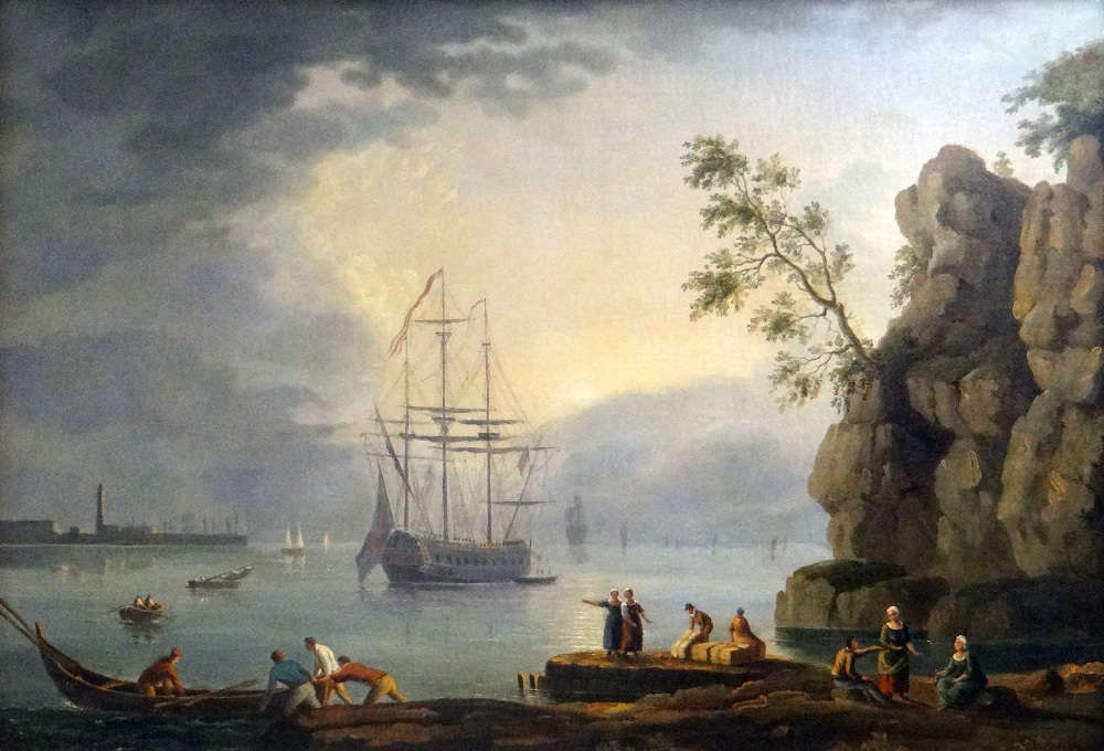 MARITIME SCHOOL oil on canvas - busy port scene with figures and ship-rigged vessel and boats,