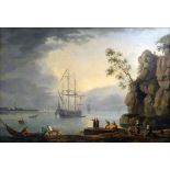 MARITIME SCHOOL oil on canvas - busy port scene with figures and ship-rigged vessel and boats,