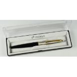 MODERN BLACK PARKER 45 SPECIAL FOUNTAIN PEN with cabochon jewel clip screw in gold, in original box