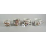 FOUR SIMILAR CHINESE PORCELAIN FAMILLE ROSE SMALL MUGS depicting figures in landscapes, 6cms high