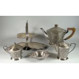 FIVE PIECE WHITE METAL TEA SET, comprising folding cake stand, teapot, cream jug, sucrier and bon