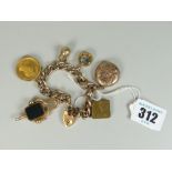 9CT YELLOW GOLD CURB LINK CHARM BRACELET, with mainly 9ct gold charms and an 1897 gold sovereign,