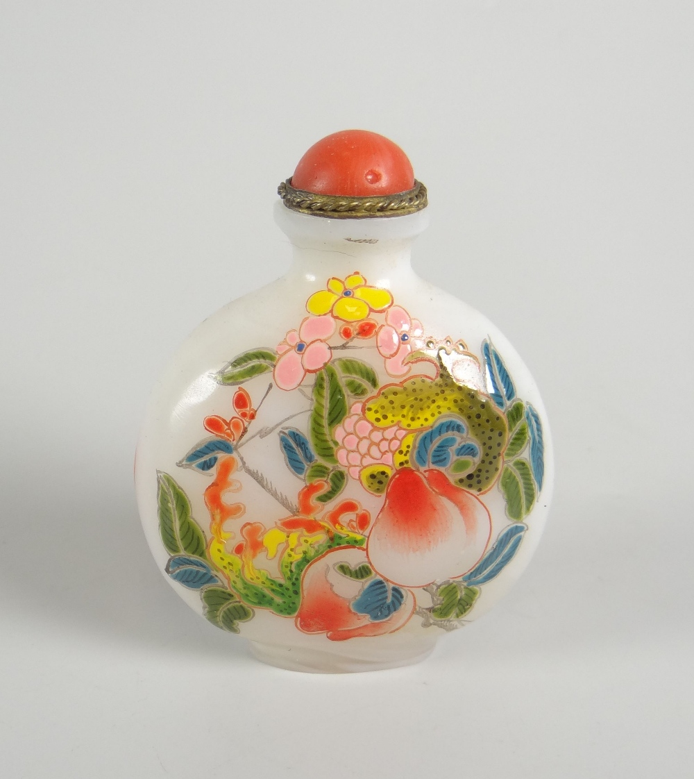 FIVE ORIENTAL SCENT BOTTLES to include three porcelain decorated with animals, horses, cockerels etc - Image 3 of 13
