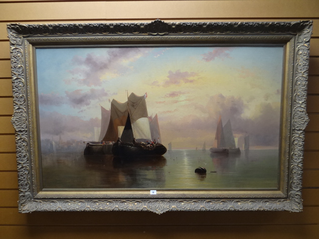 NINETEENTH CENTURY DUTCH SCHOOL oil on canvas - figures on sail-boats at sunset with distant - Image 6 of 6