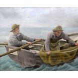 L BRENDAU pastel on paper - two Breton fishermen in rowing boat casting a net, signed, 68 x 82cms