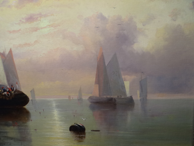 NINETEENTH CENTURY DUTCH SCHOOL oil on canvas - figures on sail-boats at sunset with distant - Image 4 of 6