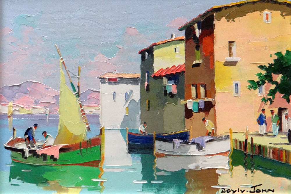 CECIL D'OYLY JOHN oil on canvas - bright and colourful harbourside with figures, entitled verso '